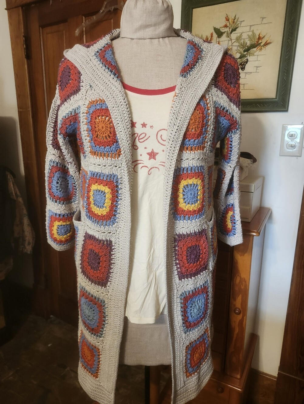 Johnny Was of Los Angeles Multicolor Crocheted Granny Square Hooded Cardigan